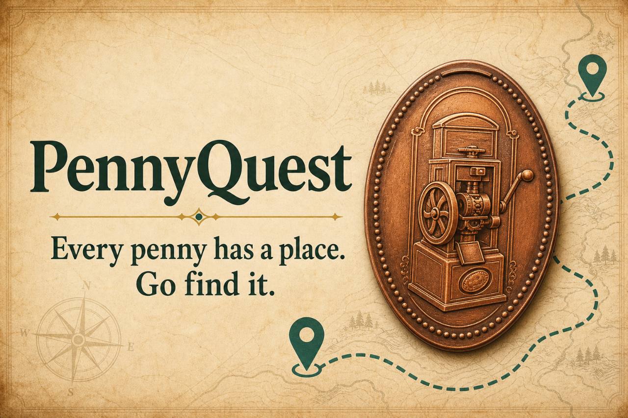 An illustrated PennyQuest collecting map featuring a copper pressed penny machine and a winding route.